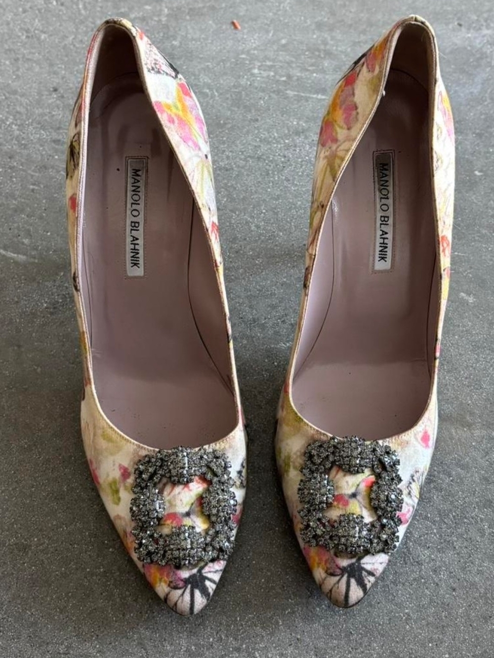 Manolo Blahnik Floral Crystal-Buckle Pointed Pumps in Pink and Multi